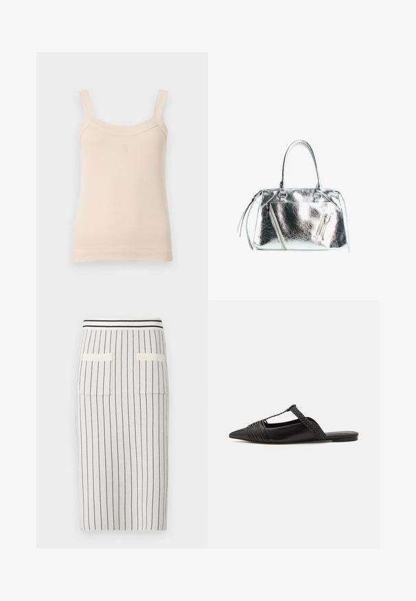 Top de trening bej, cu benzi subțiri și decupaj rotund. Are un logo cusut pe față. Textură fină, design ajustat.; Fustă creion tricotată, de culoare gri deschis, cu dungi verticale întunecate, având un tiv elastic și două buzunare pe spate. Textură netedă.; Pantofii din piele neagră cu curea la spate au vârful ascuțit, prezentând un accent țesut și un design superior pliat. Talpa joasă cu hardware minim.; Geantă argintie metalizată cu o formă structurată, două mânere superioare și buzunare cu fermoar în față. Textură netedă și strălucitoare.