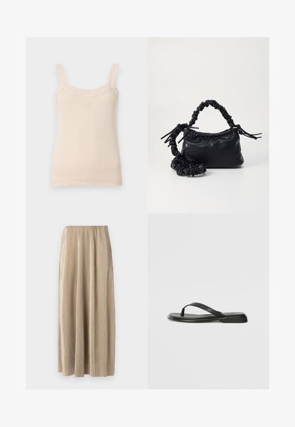 Top a canotta beige a coste con spalline sottili e scollatura rotonda. Presenta un logo ricamato sul davanti. Texture liscia, design aderente.; Gonna midi plissettata beige con vita elastica, caratterizzata da strisce verticali e una silhouette fluida per facilità di movimento.; Infradito neri in pelle liscia, con un design a fascia sottile e una suola piatta dal profilo minimale. Nessun motivo o accento particolare.; Borsa a tracolla in ecopelle nera con texture a coccodrillo, apertura cinchata e tracolla arricciata. Si presenta con un design morbido e compatto.