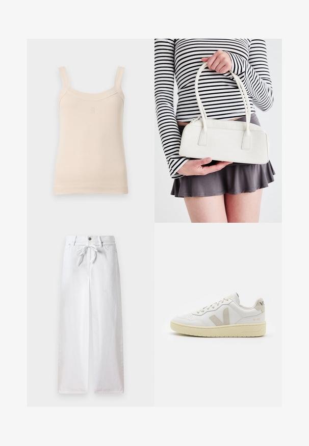 Beez ribastank, millel on õhukesed rihmad ja ümar kaelus. Ees on õmmeldud logo. Sile tekstuur, keha lähedane disain.; Valged laiad püksid, mis on valmistatud puuvillast. Omavad paela toimetamise nööri vööl ja nööpistungit. Sile tekstuur koos minimalistliku disainiga.; Valge nahast tenniseking, millel on beežist siidist aktsent ja aukudega varvas, lame paelad ja tekstureeritud koorevärvi tallad. Omab nüansirikast brändimist kannal.; Valge krokodillimustrihuga kott kahe käepideme ja ristküliku kuju ning lukuga. Esitatud heledal taustal.