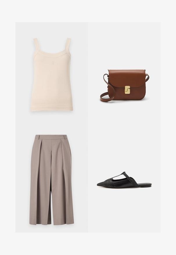 Beige csíkos ujjatlan felső vékony pántokkal és kerek dekoltázzsal. Elöl varrott logóval rendelkezik. Sima textúra, testhez simuló dizájn.; Tiger of Sweden MALIAS - Rövidnadrágok - mole; Fekete bőr slingback cipő hegyes orral, szőtt díszítéssel és redőzött felső dizájnnal. Lapos talp minimális hardverrel.; Barna bőr kézitáska, hajtókás zárással, arany színű fém kiegészítőkkel, vállpánttal és sima felülettel. Kompakt téglalap alakú.