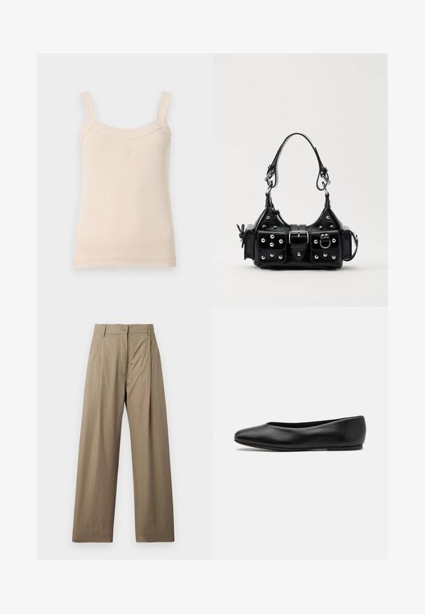 Beige ribbed tank top with thin straps and a rounded neckline. Features a stitched logo on the front. Smooth texture, fitted design.; Khaki wide-leg trousers made of cotton blend fabric, featuring a button closure, side pockets, and a smooth texture with subtle sheen.; Paul Smith TOPANGA - Ballet pumps - black; Black leather handbag with a curved design, featuring silver studs, a buckle, and two side pockets. Adjustable strap for carrying options.