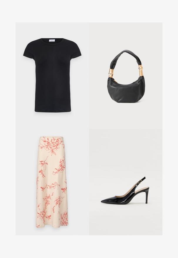 Črna rebrasta majica s kratkimi rokavi in okroglo ovratnikom. Mehka tkanina s prilegnjenim krojem, ki ima etiketo na vratu.; Faithfull the brand ANTIBES MAXI SKIRT - Dolgo krilo - vermilion; Črne lakirane slingback čevlje z izostrenim nosom, ozkim peto in subtilnim izrezom. Na traku je zlata sponka.; Črna usnjena torbica okrogle oblike, mehke teksture, z vozlanim ročajem in zlatimi kovinskimi dodatki. Zadrga za zapiranje.