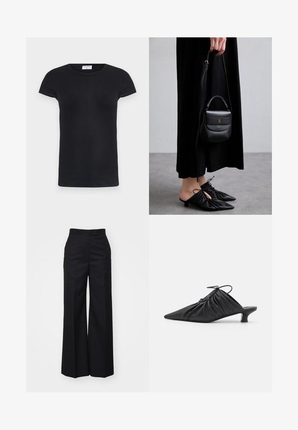 Juodas dryžuotas marškinėliai su apvalia iškirpte ir trumpomis rankovėmis. Minkšta medžiaga, prigludusi prie kūno, su etikete apykoje.; Tiger of Sweden IRIT - Kelnės - black; Juodos odinės mules su smailiu pirštu, susiraukšlinta tekstūra ir mažais kitten kulniukais. Turi raištelio detalę prie atidarymo.; Maža juoda odinė rankinė su apvalia forma, viršutine rankena ir nuimama dirželiu. Nešiojama su juoda audinio suknele ir juodais klostuotais bateliais.