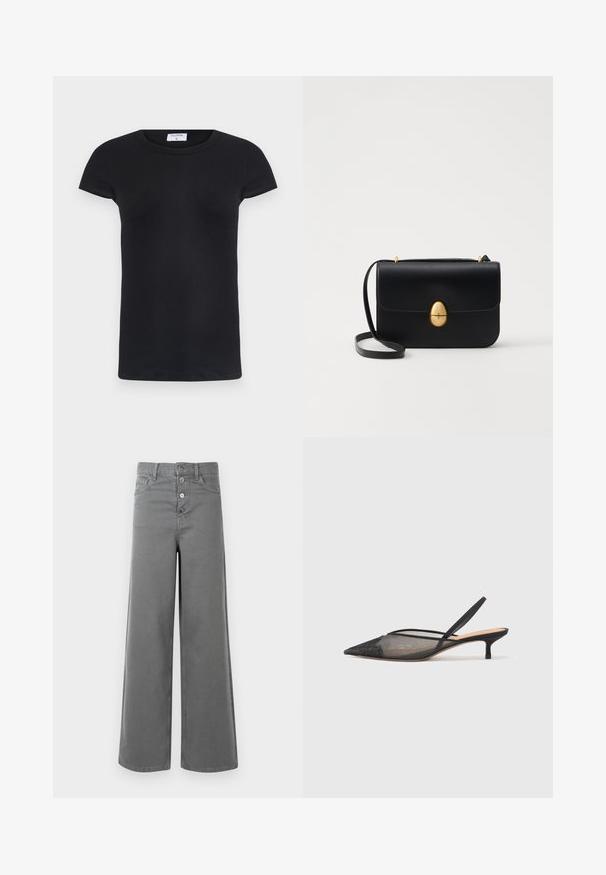 Černé žebrované triko s kulatým výstřihem a krátkými rukávy. Měkká tkanina s přiléhavým střihem, s etiketou na krku.; Šedé kalhoty s širokými nohavicemi a vysokým pasem, se čtyřmi předními knoflíky, poutky na opasek a předními kapsami, vystavené na bílém pozadí.; NEOUS IRENA - Klasické lodičky - black; Černá kožená kabelka se strukturovaným obdélníkovým tvarem. Obsahuje zlatou oválnou sponu a tenký ramenní popruh. Hladký povrch.