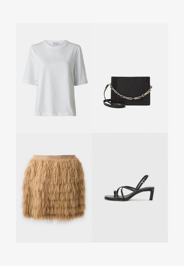 Tricou alb cu maneci scurte și guler rotund. Fabricat din material moale, cu un croi lejer și detalii subtile de cusătură.; Fustă din blană ecologică de culoare bej, cu o textură pufoasă. Prezintă un brâu neted și lat și un design în straturi pentru un volum suplimentar.; Sandal cu barete negre, cu vârf pătrat și toc mic de bloc. Prezintă mai multe barete subțiri și o bareta ajustabilă la gleznă. Fabricat din piele netedă.; Geantă de umăr din piele neagră, cu o textură netedă, formă rectangulară și un detaliu din lanț metalic în față. Include curea reglabilă.