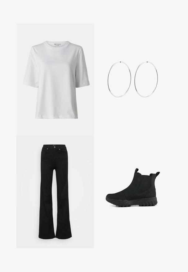 Camiseta blanca de manga corta con cuello redondo. Fabricada en una tela suave, con un corte relajado y detalles de costura sutiles.; Pantalones vaqueros negros acampanados de mezclilla, con cintura alta, cinco bolsillos y cierre de botón metálico. Textura suave con un detalle mínimo.; Botines negros hasta el tobillo con un diseño elegante, hechos de goma texturizada. Cuenta con una suela gruesa y con respuesta, y lengüetas para tirar a los lados.; Pendientes de aro plateados con un diseño redondo y liso, y un acabado pulido. Son delgados y ligeros, y cuentan con un sencillo cierre de gancho.