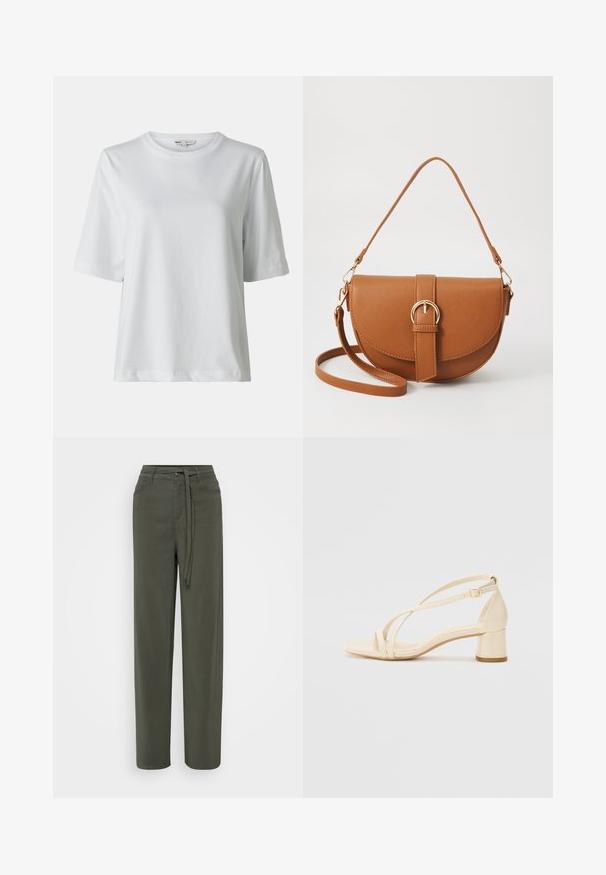 Hvit kortermet t-skjorte med rund hals. Laget av myk stoff, med en avslappet passform og subtile sømdetaljer.; Grønne, vide bukser laget av lett stoff med belte i livet, frontlommer og en glatt tekstur.; Beige hæl-sandaler med blokhæl, rem-design og justerbar ankelrem, lavet af glat syntetisk materiale med mat finish.; Brun lærcrossbody-veske med en buet form, gullhardware og et spenneakcent. Har en avtakbar skulderreim.