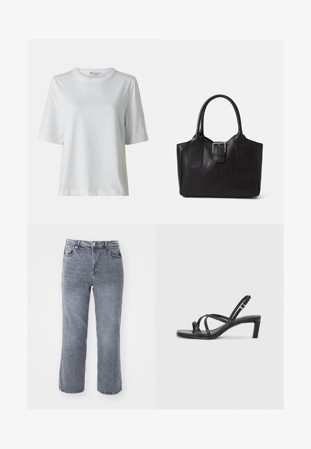 T-shirt blanc à manches courtes avec un col rond. Fabriqué en tissu doux, il présente une coupe décontractée et des détails de couture subtils.; Jeans gris taille haute en denim, avec une coupe droite, deux poches avant et une poche arrière unique avec un léger dégradé.; Sandale noire à lanières avec un bout carré et un petit talon bloc. Elle présente plusieurs fines lanières et une sangle de cheville ajustable. Fabriquée en cuir lisse.; Sac fourre-tout en cuir noir avec une texture lisse, une forme structurée, deux poignées et un détail en boucle argentée proéminent à l'avant.; Bague en argent à double bande avec une surface lisse et polie. Présente un design fluide et courbé avec des sections qui se chevauchent pour un look moderne.