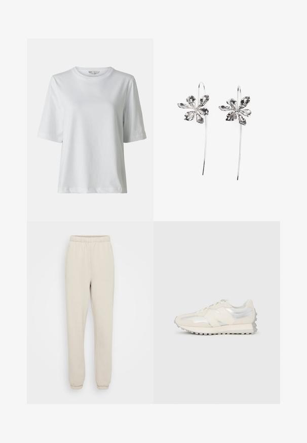 Biele tričko s krátkym rukávom a okrúhlym výstrihom. Vyrobené z mäkkej tkaniny, má voľný strih a subtílne švy.; Svetlo béžové tepláky vyrobené z mäkkého materiálu, s elastickým pásom a manžetami, obsahujúce dve bočné vrecká. Hladká textúra, voľný strih.; Nízke krémové a strieborné tenisky so šnúrkami a textúrovanou podrážkou, zobrazené z boku na jednoduchom bielom pozadí.; Strieborné náušnice v tvare kvetu s textúrovaným povrchom, vybavené dlhými háčikmi a detailmi pripomínajúcimi lupene pre zložitý dizajn.