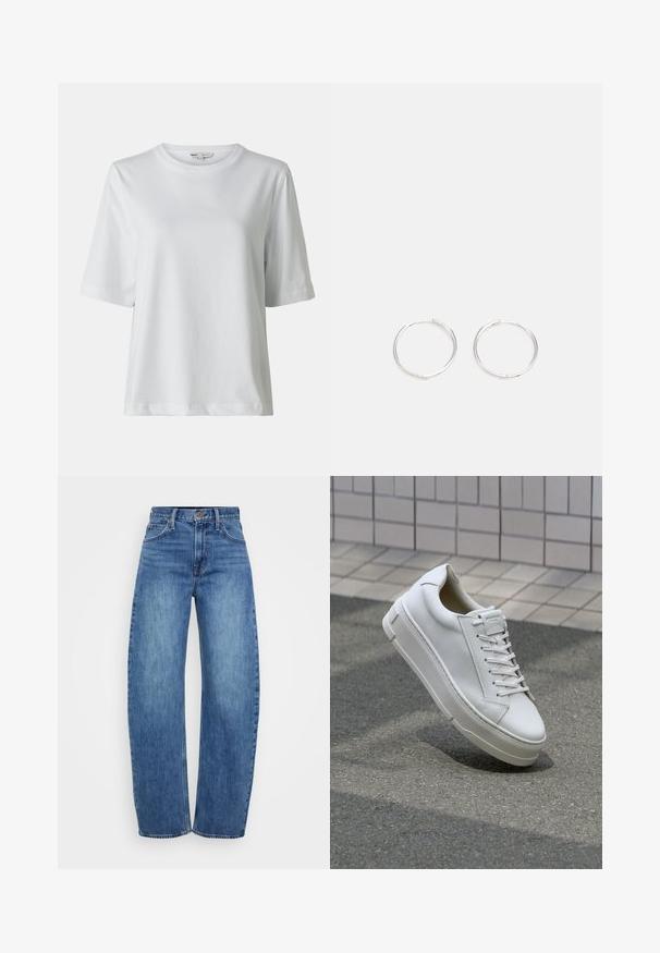 Tricou alb cu maneci scurte și guler rotund. Fabricat din material moale, cu un croi lejer și detalii subtile de cusătură.; Jeans din denim bleu deschis cu o croială dreaptă, talie înaltă, cinci buzunare și fermoar cu nasture. Prezintă o ușoară decolorare și detalii clasice de cusătură.; Adidași din piele albă cu un design low-top, șireturi plate, vârf rotund și laturi texturate. Talpă groasă din cauciuc cu accente subtile.; Cercei din argint cu un design elegant și rotund, având o suprafață netedă și fără embellismente vizibile. Diametrul nu este specificat.