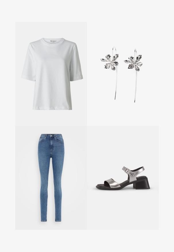Valge lühikeste varrukatega T-särk ringkaelusega. Valmistatud pehmest materjalist, toote lõige on mugav ja sellel on delikaatsed õmbluse detailid.; Kitsad teksad keskmise sinise denimi värviga, millel on kõrge talje, viie taskuga disain ja sile tekstuur. Klassikaline õmblemine ja nööbiga sulgemine.; Hõbedased nahast sandaalid avatud varbaga, laia esirihmaga, pahkluu rihmaga, millel on pannal, ja keskmise blokknõelaga.; Hõbedased lillekujulised kõrvarõngad tekstureeritud viimistlusega, pikal konksul ja kroonlehtedetaoliste detailidega, moodustades keeruka disaini.