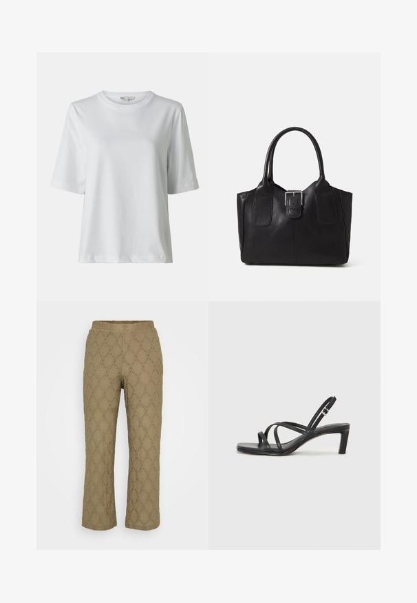Bela kratka majica s kratkimi rokavi in okroglim izrezom. Narejena iz mehkega blaga, s sproščenim krojem in diskretnimi detajli v šivu.; Kakhi hlače z teksturiranim, rombem in malimi izrezi. Imajo širok elastičen pas in ravno krojeno zasnovo.; Črne natikače s trakovi in kvadratnim prstom ter nizkim blokastim peto. Imajo več tankih trakov in nastavljiv trak okoli gležnja. Narejene so iz gladkega usnja.; Črna usnjena torba s gladko teksturo, strukturirano obliko, dvema ročkama in izrazitim srebrnim sponko na sprednji strani.