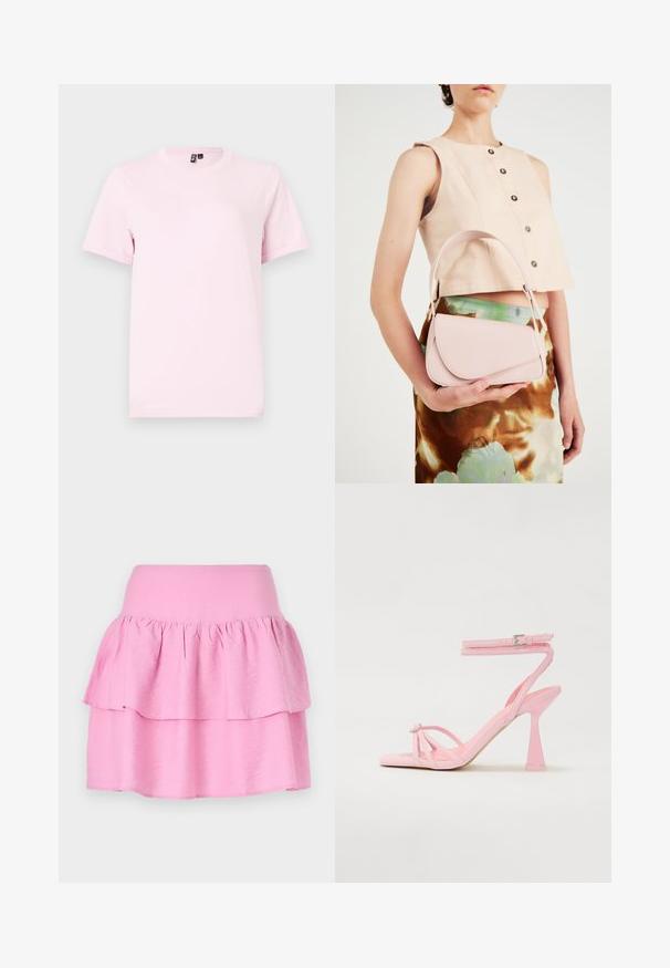 Kortermet t-skjorte i lys rosa laget av bomull, med rund hals og en enkel, jevn tekstur uten mønstre eller detaljer.; Rosa lagdelte skjørt med bred elastisk midje og to horisontale volanger. Laget av mykt, lett stoff. Glatt tekstur uten mønstre.; Rosa hælkiler med snoredesign og ankelspænde. Har et dekorativt element ved tærne og et moderne, afsmalnet hældesign.; Rosa skinnhåndveske med buet klaff, enkel skulderrem og rene linjer. Vesken har en glatt tekstur og minimalistisk design.