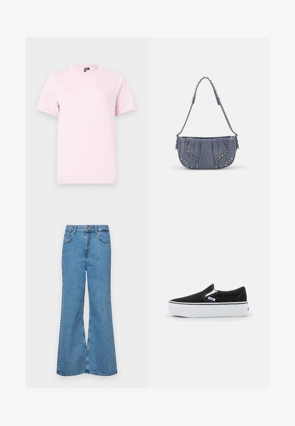 Lyserød kortærmet T-shirt lavet af bomuldsstof, med rund halsudskæring og en simpel, glat tekstur uden mønstre eller detaljer.; Lysblå flagrende jeans lavet af denim, med høj talje, fem lommer og en enkelt knaplukning. Blød tekstur med en falmet finish.; Sorte canvas slip-on sko med en hvid gummi sål, der har elastiske sidelåg og kontrasterende syninger. Brandlogo synligt på siden.; Denim skuldertaske med plisseret design, blå farve, sølvstudsdekorationer langs kanterne og en struktureret rem.