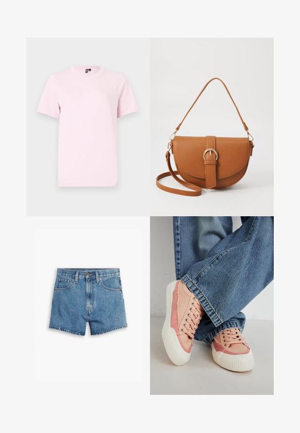 Kortermet t-skjorte i lys rosa laget av bomull, med rund hals og en enkel, jevn tekstur uten mønstre eller detaljer.; Lys blå denimshorts med fem lommer, glidelås og knappefeste. Bunnkanten er slitt med et avslappet passformdesign.; Rosa lerretsneaker med hvite gummisåler, med runde snøringeyelets og slitt detaljer, kombinert med blå vid benbukser.; Brun lærcrossbody-veske med en buet form, gullhardware og et spenneakcent. Har en avtakbar skulderreim.