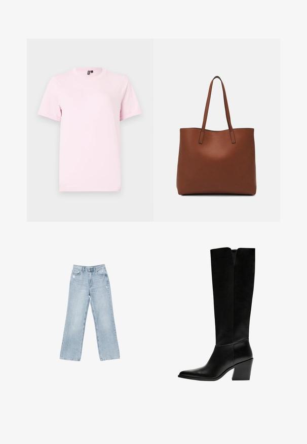Světle růžové tričko s krátkým rukávem vyrobené z bavlny, s kulatým výstřihem a jednoduchou, hladkou texturou bez vzorů nebo akcentů.; Světle modré džíny z džínoviny s širokými nohavicemi, s opotřebovanými detaily, pětivreckovým designem a zipovým zapínáním.; Černé kozačky po kolena vyrobené z hladké kůže, s špičatou špičkou, blokovým podpatkem a výřezem ve tvaru V na vrchu.; Hnědá kožená taška přes rameno s hladkou texturou, otevřeným designem a dvěma ramenními popruhy. Obsahuje minimální švy a žádné viditelné kovové prvky.