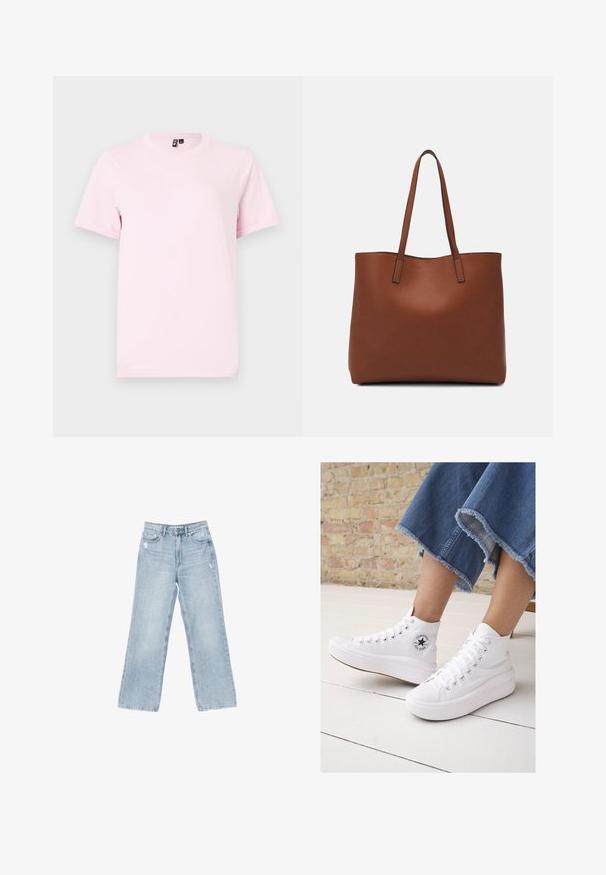 Lyserød kortærmet T-shirt lavet af bomuldsstof, med rund halsudskæring og en simpel, glat tekstur uden mønstre eller detaljer.; Lyseblå denimjeans med bred benåbning, slidte detaljer, fem-lomme design og lynlåslukning.; Hvide høje sneakers lavet af canvas med en gummisål, som har sølvøjer, et rundt logo-patch og en tekstureret platformsål.; Brun læder tote taske med en glat overflade, åben topdesign og to skulderremme. Har minimal syning og ingen synlig hardware.