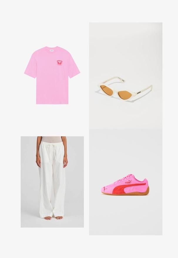 Roze katoenen t-shirt met korte mouwen, met een rode grafische afbeelding van een vlinder en de tekst "OBSCURE FUTURE" op de linkerkant van de borst.; Witte, lichte, wijdvallende broeken met een elastische tailleband en een trekkoord. De stof lijkt glad en komt enigszins doorzichtig over.; Roze suède sportieve schoen met rode accenten, een rubberen zool en kenmerkende logodetails. Heeft een ronde neus en een vetersluiting.; Witte cat-eye zonnebril met bruine lenzen, gekenmerkt door een dikke montuur, hoekig ontwerp en subtiele zwarte accenten op de armen.; Roze pailletten handtas met een ronde vorm en een roze strap. De tas heeft glanzende, reflecterende pailletten in verschillende tinten roze.