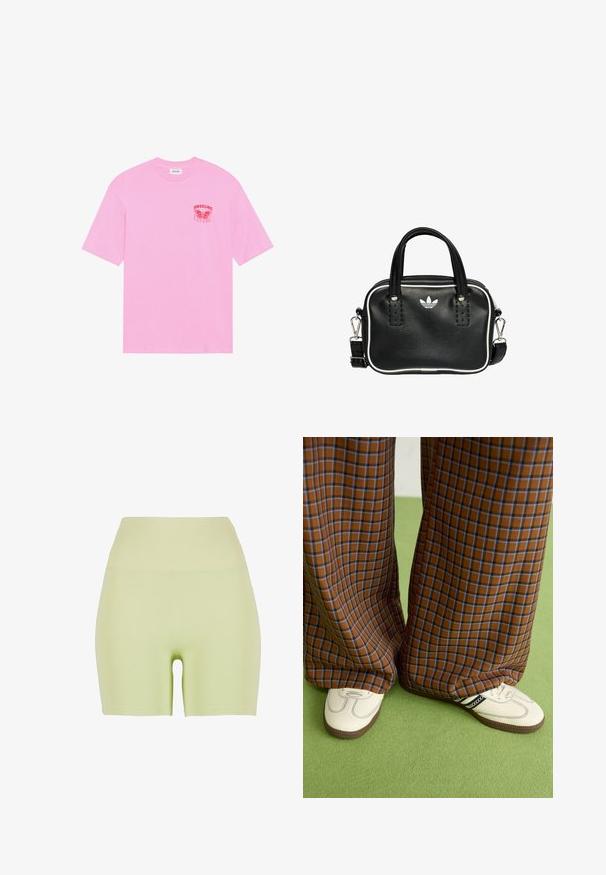 Camiseta de algodón rosa con mangas cortas, que presenta un gráfico rojo de una mariposa y el texto "FUTURO OSCURO" en el lado izquierdo del pecho.; Pantalones cortos de talle alto, de color verde claro, fabricados en tela elástica. Textura suave; diseño ajustado con un corte redondo en la parte baja de la espalda.; Pantalones de pata de elefante de cuadros marrones y azules combinados con zapatos blancos con detalles en negro y suelas texturizadas, sobre un fondo verde.; Bolso de mano de cuero negro con dos asas cortas, herrajes plateados, detalles en blanco y un logotipo blanco. Presenta una superficie texturada y un diseño compacto.