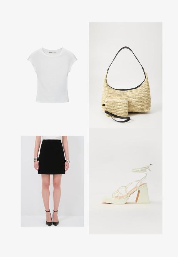Witte katoenen T-shirt met een ronde hals, korte mouwen en een getailleerd ontwerp. Soepele textuur zonder patronen of versieringen.; Zwarte A-lijn rok met een gladde textuur, aansluitende taille en subtiele zijnaad. Gepaard met glanzende zwarte stilettohakken en zilveren armbanden.; Witte hoge hakken sandaal met een chunky hak, met een bandjesontwerp en enkelband. Gladde textuur met een plateau voor extra hoogte.; Geweven strohandtas met een gebogen silhouet, voorzien van een soepele zwarte leren schouderband en een bijpassend klein zakje dat is bevestigd met een polsband.