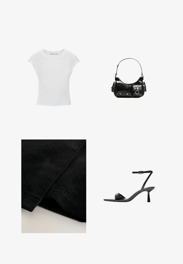 Bijela pamučna majica s okruglim izrezom, kratkim rukavima i prilagodljivim krojem. Glatka tekstura bez uzoraka ili ukrasa.; Crni kordura materijal s mekom, teksturiranom površinom, koji se odlikuje vidljivim rebrima i uredno obrubljenim rubovima.; Bershka Sandale s visokom petom - black; Crna patentna kožna torba s zakrivljenim oblikom, jednim remenom za rame, prednjim džepovima i akcentima od srebrnog tona.