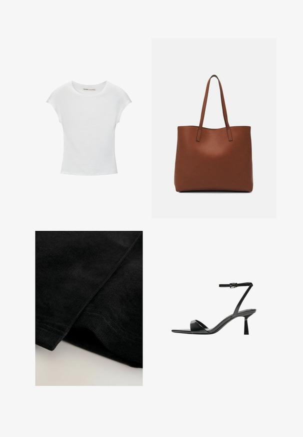 Bela bombažna majica s krožnim izrezom, kratkimi rokavi in prilegajočim se dizajnom. Gladka tekstura brez vzorcev ali okraskov.; Črn korduroj blago z mehko, teksturirano površino, ki prikazuje vidne rebre in lepo obrobljene robove.; Bershka Sandali z visoko peto - black; Rjava usnjena torba z gladko teksturo, odprto zasnovo zgoraj in dvema naramnima trakovoma. Opremljena je z minimalnim šivanjem in brez vidnih kovinskih delov.