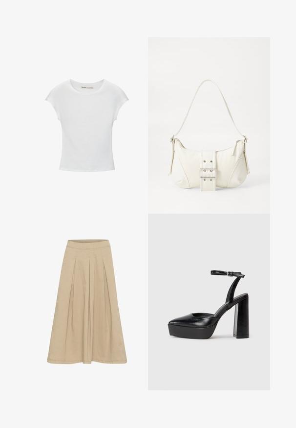 Fehér pamut póló kerek nyakkivágással, rövidujjakkal és testhez álló fazonnal. Simább textúra díszítések vagy minták nélkül.; Beige, redőzött szoknya sima textúrával, térd alatt végződő dizájnnal és szűkített derékrésszel. Könnyű anyagból készült, finom varrási részletekkel.; Fekete platform magassarkú cipők hegyes orral és állítható bokapánttal. Sima bőrből készült, vastag talppal.; Fehér válltáska texturált felülettel, középen csattogó részlettel és íves formával. Cipzáras záródás mindkét oldalon.