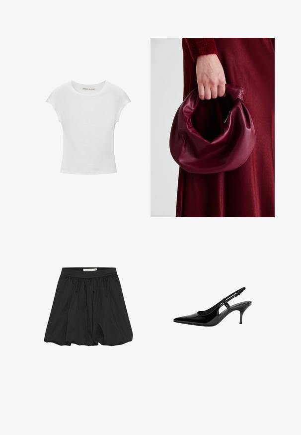 Witte katoenen T-shirt met een ronde hals, korte mouwen en een getailleerd ontwerp. Soepele textuur zonder patronen of versieringen.; Zwarte rok met geplooide stof en elastische tailleband, met een gladde textuur en een ontspannen, uitlopende vorm.; Zwarte gepatenteerde leren slingback pump met puntige neus, open zijuitsparingen, slanke hak en verstelbare enkelband.; Bordeaux leren handtas met een zacht, gegathered ontwerp en een ronde vorm. De handgreep is stevig bevestigd en toont een gladde textuur.