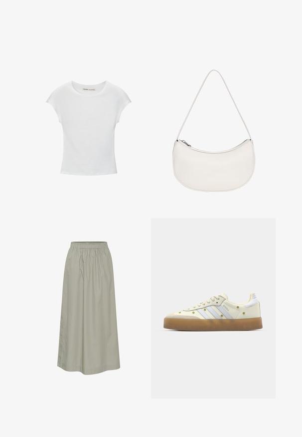 Fehér pamut póló kerek nyakkivágással, rövidujjakkal és testhez álló fazonnal. Simább textúra díszítések vagy minták nélkül.; Világoszöld, térd hosszúságú szoknya, puha anyagból, rugalmas derékrésszel, összegyűrt dizájnnal és diszkrét varrási részletekkel.; Krém színű sneakerek világoskék csíkokkal, gumi talpúak, és díszítő sárga virágmotívumokkal a felső anyagon. Lekerekített orrformával.; PULL&BEAR HALF MOON - Kézitáska - white