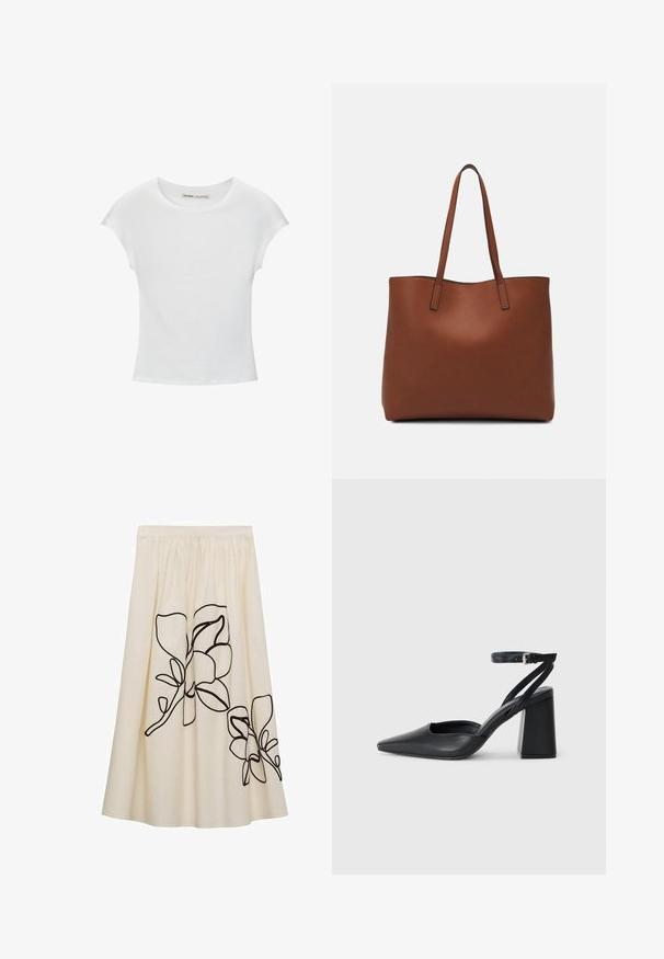 Tricou alb din bumbac cu guler rotund, mâneci scurte și un design ajustat. Textură netedă, fără modele sau embellismente.; Fustă crem cu broderie florală neagră, având o talie elastică și un design fluid, fabricată dintr-un material ușor.; Pantofii cu toc ascuțit din piele neagră, cu breteaua pentru glezne și toc gros. Textură netedă, design elegant și estetică minimală.; Geantă de umăr din piele maro cu o textură netedă, design cu vârf deschis și două curele pentru umăr. Prezintă cusături minime și fără componente metalice vizibile.