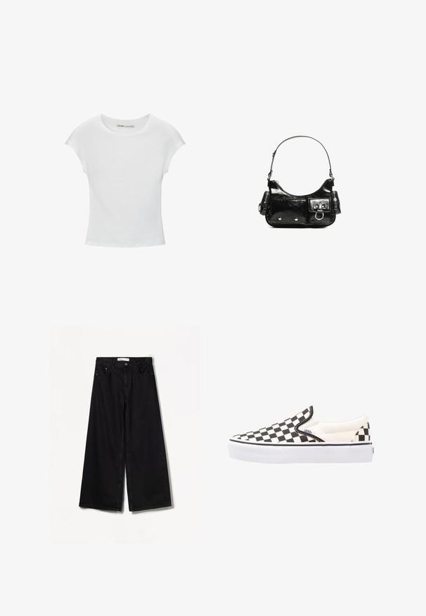 Bijela pamučna majica s okruglim izrezom, kratkim rukavima i prilagodljivim krojem. Glatka tekstura bez uzoraka ili ukrasa.; Bershka WIDE-LEG - Široke nogavice - black; Cipele slip-on Vans s crno-bijelim šahovskim uzorkom, s platnenim gornjim dijelom, gumiranim potplatom i podstavljenim ovratnikom. Ravni, okrugli vrh s bijelim akcentima na potplatu.; Crna patentna kožna torba s zakrivljenim oblikom, jednim remenom za rame, prednjim džepovima i akcentima od srebrnog tona.