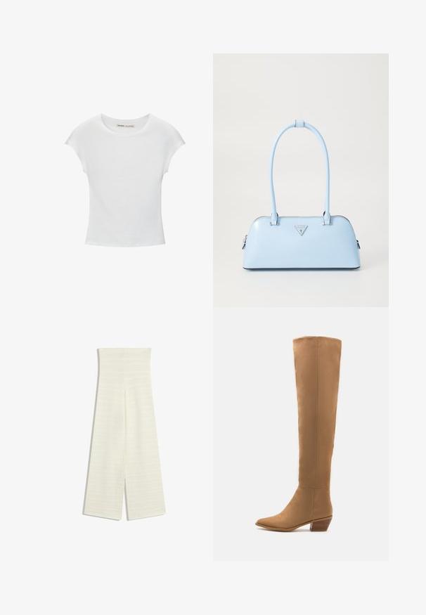 Fehér pamut póló kerek nyakkivágással, rövidujjakkal és testhez álló fazonnal. Simább textúra díszítések vagy minták nélkül.; Széles lábú nadrág elefántcsont színű kötött anyagból, magas derékkal és texturált mintával. A tervezés magában foglalja a szegély peremén mindkét oldalon található hasítékot.; Térdnél magasabb, sima anyagból készült bézs csizmák, hegyes orral és alacsony, rétegzett sarkúval. Egyszerű dizájn, nincsenek látható minták vagy díszítések.; Világoskék kézitáska, amelynek strukturált formája van, sima bőrből készült, két füllel rendelkezik, és az elején egy háromszögletű márkatrófea található. Cipzáras záródás.