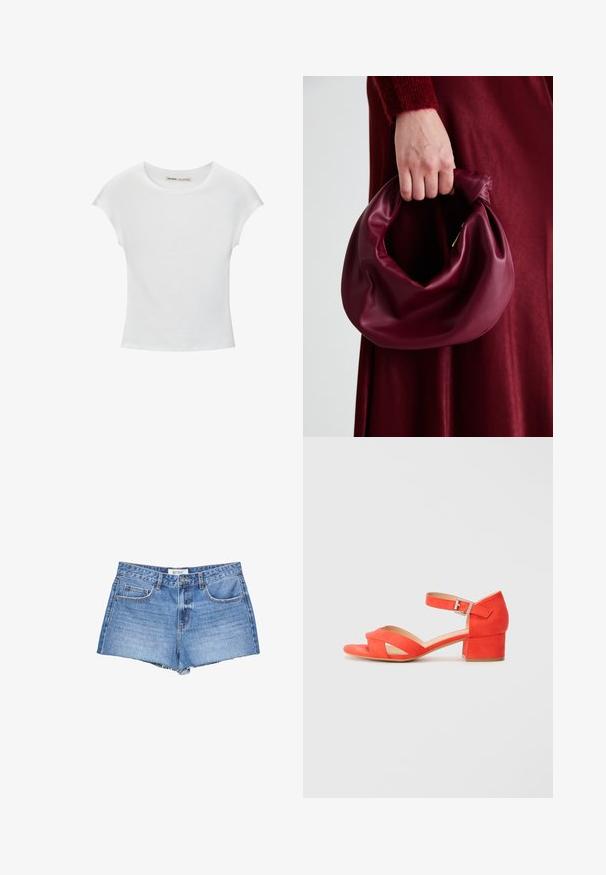 Weißes Baumwoll-T-Shirt mit rundem Ausschnitt, kurzen Ärmeln und tailliertem Schnitt. Glatte Textur ohne Muster oder Verzierungen.; Jeans-Shorts in hellblauer Waschung mit fransigem Saum, klassischem Fünf-Taschen-Design und einem Knopfverschluss vorne.; Orangene Wildledersandale mit Blockabsatz, ausgestattet mit überkreuzten Riemen und einem Knöchelriemen mit einer silbernen Schnalle. Flache Sohle.; Burgunderleder-Handtasche mit einem weichen, gerafften Design und einer gerundeten Form. Der Griff ist gesichert und zeigt eine glatte Textur.