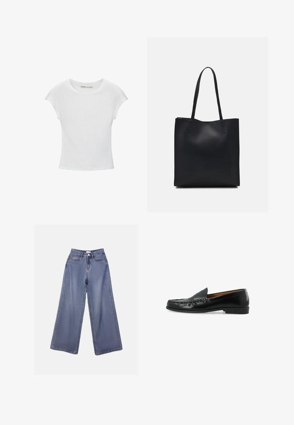 T-shirt bianco in cotone con scollatura rotonda, maniche a cappuccio e design aderente. Tessuto liscio senza motivi o decorazioni.; Jeans in denim a gamba ampia di un blu chiaro, caratterizzati da una vita alta, tasche frontali e una chiusura con bottone e passanti per cintura.; Mocassini neri in pelle presentano una tomaia in stile mocassino con cuciture rialzate e una suola piatta in gomma. Il design è minimalista, senza decorazioni visibili.; Borsa tote in pelle nera con texture liscia, forma rettangolare e due manici lunghi. Nessun hardware o decorazione visibile.