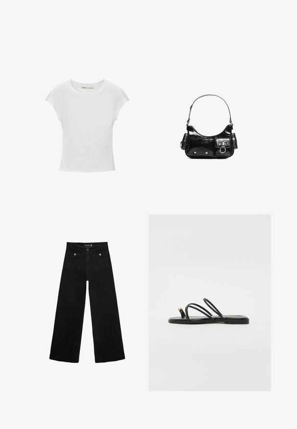 White cotton T-shirt with a round neckline, cap sleeves, and a fitted design. Smooth texture with no patterns or embellishments.; Black wide-leg jeans with a high waist, featuring two front pockets and metal button accents. The fabric has a smooth texture.; Call it Spring LUNAROSE - T-bar sandals - black; Black patent leather handbag with a curved shape, one shoulder strap, front pockets, and silver-tone hardware accents.