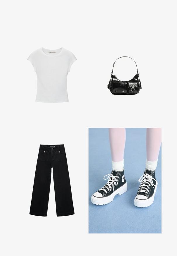 Biela bavlnená tričko s okrúhlym výstrihom, krátkymi rukávmi a priliehavým strihom. Hladká textúra bez vzorov alebo ozdôb.; Čierne široké nohavice s vysokým pásom, s dvoma prednými vreckami a kovovými detailmi na gombíku. Tkanina má hladkú textúru.; Čierne vysoké tenisky s bielymi podrážkami a šnúrkami, ktoré majú na boku okrúhly logo a kontrastné čierne šitie. Štruktúrovaný textilný vrch.; Čierna laková kožená kabelka s ohnutým tvarom, jedným ramenným popruhom, prednými vreckami a striebornými kovovými doplnkami.