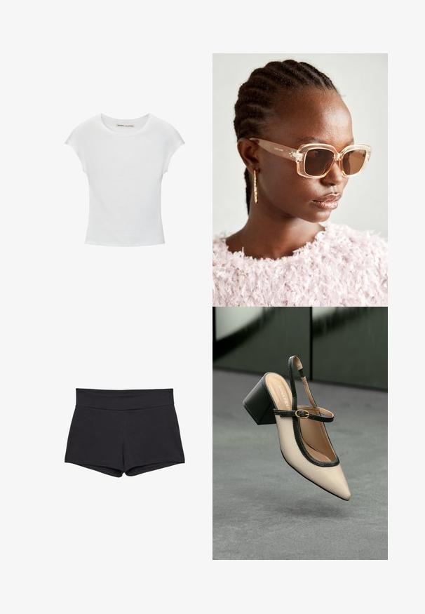 Bílá bavlněná tričko s kulatým výstřihem, krátkými rukávy a přiléhavým střihem. Hladká textura bez vzorů nebo ozdob.; Černé, přiléhavé šortky s širokým pasem, vyrobené z měkké, elastické látky. Konce nohavic jsou hladké bez viditelných zapínání nebo vzorů.; Beige boty s špičatou špičkou a otevřenou patou, černými detaily, zlatou přezkou a silným blokovým podpatkem, na šedé podlaze s tmavě zeleným pozadím.; Béžové oversized sluneční brýle s transparentním rámem a hnědými skleněnými čočkami, které mají jemné květinové detaily a výrazný, geometrický design.