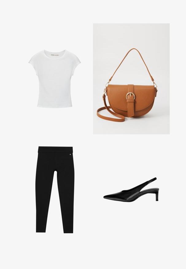 Bela bombažna majica s krožnim izrezom, kratkimi rokavi in prilegajočim se dizajnom. Gladka tekstura brez vzorcev ali okraskov.; Črne legice z visokim pasom. Narejene iz gladkega, raztegljivega materiala s ploskimi šivi in majhnim logotipom blizu pasu.; Črne usnjene slingback čevlje s koničastim nosom, nizko peto in izrezljanim dizajnom na straneh. Gladka tekstura z eleganten videzom.; Rjava usnjena torbica prek telesa s ukrivljeno obliko, zlate opreme in sponko. Ima odstranljiv naramni trak.