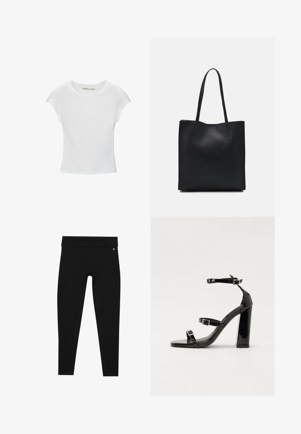 Bijela pamučna majica s okruglim izrezom, kratkim rukavima i prilagodljivim krojem. Glatka tekstura bez uzoraka ili ukrasa.; Crne tajice s visokim strukom. Izrađene su od glatkog, rastezljivog materijala s ravnim šavovima i malim logom u blizini struka.; Crne lakirane sandale na pete sa kvadratnim nosom, trakama oko gležnja i srebrnim kopčama. Imaju čvrst blok petu za stabilnost.; Crna kožna torba za nošenje s glatkom teksturom, pravokutnim oblikom i dvije duge ručke. Nema vidljivih metalnih dijelova ili ukrasa.