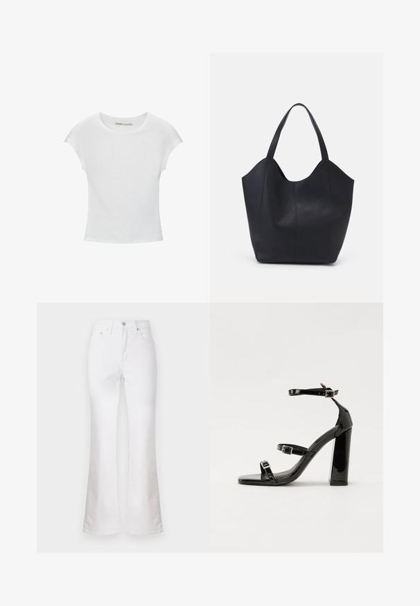 Bijela pamučna majica s okruglim izrezom, kratkim rukavima i prilagodljivim krojem. Glatka tekstura bez uzoraka ili ukrasa.; Bijele traperice s širokim nogavicama i viskim strukom, s prednjim džepovima i patentnim zatvaračem sprijeda. Glatka tekstura i jednostavan, minimalistički dizajn.; Crne lakirane sandale na pete sa kvadratnim nosom, trakama oko gležnja i srebrnim kopčama. Imaju čvrst blok petu za stabilnost.; Crna torba od glatke kože, s zakrivljenim otvorenim vrhom, dva remena za rame i minimalističkim dizajnom.