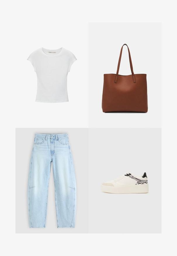 Biela bavlnená tričko s okrúhlym výstrihom, krátkymi rukávmi a priliehavým strihom. Hladká textúra bez vzorov alebo ozdôb.; Svetlo modré deniminové džínsy s uvoľneným strihom, vysokým pásom, päť vreckovým dizajnom a miernym vyblednutím so strapcami na okraji.; Even&Odd Tenisky - white/black; Hnedá kožená taška na rameno s hladkou textúrou, otvoreným vrchom a dvoma ramenými popruhmi. Má minimálne šitia a žiadne viditeľné kovania.
