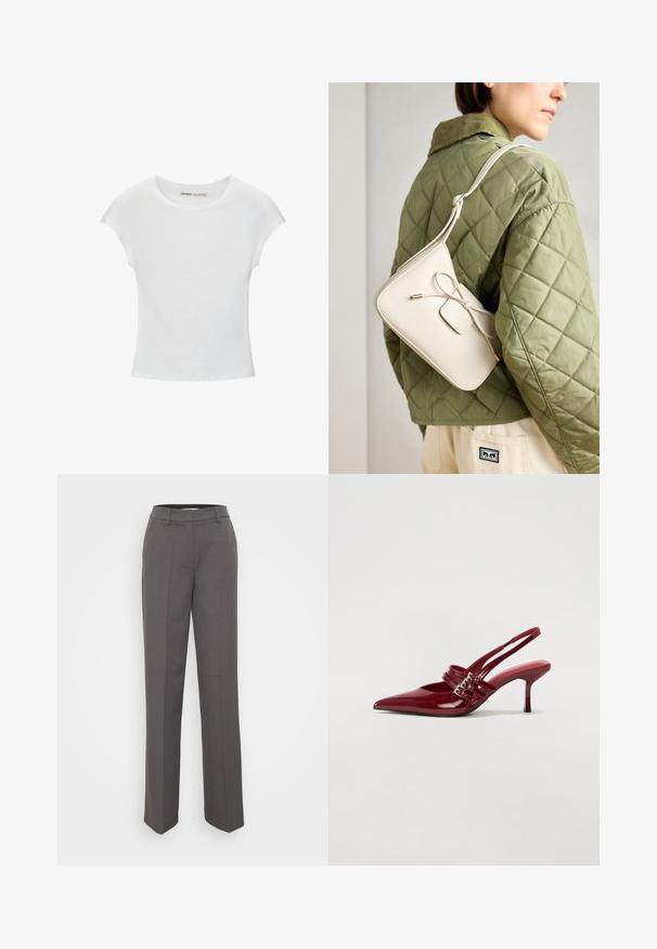 Bílá bavlněná tričko s kulatým výstřihem, krátkými rukávy a přiléhavým střihem. Hladká textura bez vzorů nebo ozdob.; Šedé kalhoty na míru se střihovým provedením rovného nohavice, poutky na pásek a hladkou texturou látky. Žádné viditelné vzory ani ozdoby.; Červené lakované kožené lodičky na podpatku s špičatou špičkou, dvěma přezkami a štíhlým, středně vysokým jehlovým podpatkem. Hladký povrch.; Béžová kožená křížová taška s detaily mašle, zlatými doplňky a jedním nastavitelným popruhem, nošena přes zelenou prošívanou bundu.