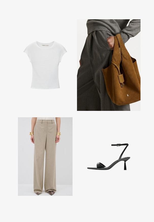 Weißes Baumwoll-T-Shirt mit rundem Ausschnitt, kurzen Ärmeln und tailliertem Schnitt. Glatte Textur ohne Muster oder Verzierungen.; Beige weite Hose mit subtiler Textur, ausgestattet mit Fronttaschen, einem taillierten Bund und einer geraden Silhouette.; Bershka High Heel Sandalette - black; Braune Wildleder-Tote mit runder Form, doppelten Griffen und einem metallischen Hardware-Accessoire. Mit einem kleinen Logo auf der Vorderseite.