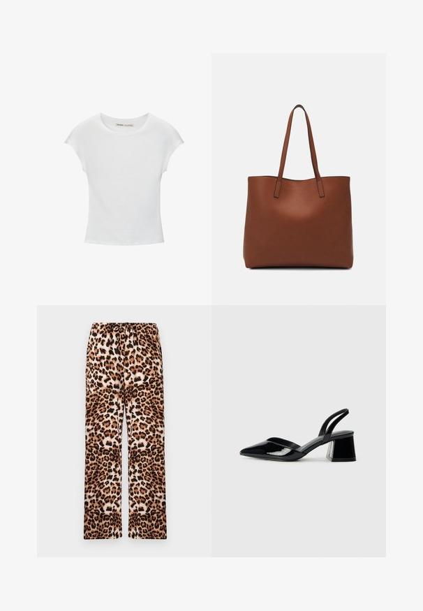 Bijela pamučna majica s okruglim izrezom, kratkim rukavima i prilagodljivim krojem. Glatka tekstura bez uzoraka ili ukrasa.; Hlače s leopard uzorkom, opuštenog kroja, s elastičnim pojasom, izrađene od mekanog materijala s glatkom teksturom.; Crne lakirane kožne sandale s otvorenom petom i špicastim vrhom, s geometrijskom blok petom. Imaju elegantan, minimalistički dizajn i glatku teksturu.; Smeđa kožna torba preko ramena s glatkom teksturom, otvorenim vrhom i dvjema naramenicama. Ima minimalne šavove i nema vidljivog hardvera.
