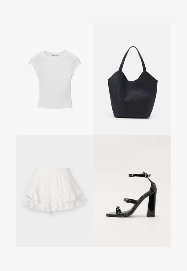 Tricou alb din bumbac cu guler rotund, mâneci scurte și un design ajustat. Textură netedă, fără modele sau embellismente.; Fustă albă cu volane suprapuse, realizată dintr-un material ușor. Prezintă cusături decorative de-a lungul cusăturilor și un brâu ajustat.; Sandale cu toc din patent negru, cu vârf pătrat, curele la gleznă și catarame din argint. Dispune de un toc gros pentru stabilitate.; Geantă de umăr neagră, realizată din piele netedă, cu un design minimalist, având un vârf deschis curbat și două mânere pentru umăr.