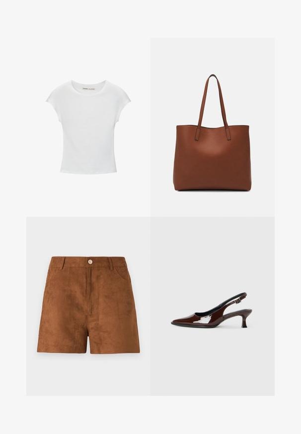 T-shirt bianco in cotone con scollatura rotonda, maniche a cappuccio e design aderente. Tessuto liscio senza motivi o decorazioni.; Pantaloni corti in suede marrone con una texture liscia, caratterizzati da una chiusura con bottone anteriore e tasche laterali. Taglio dritto e lunghezza fino a metà coscia.; Scarpa slingback in pelle verniciata marrone con punta affusolata e tacco moderato. Presenta una fascia con fibbia per una calzata sicura. Tessuto liscio.; Borsa tote in pelle marrone con texture liscia, design con apertura superiore e due spallacci. Presenta cuciture minime e nessun hardware visibile.