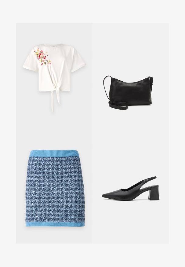 Λευκό T-shirt κοντό μανίκι με κόμπο μπροστά. Διαθέτει λουλουδάτη κεντημένη διακόσμηση σε ροζ και κίτρινο στη αριστερή πλευρά. Κατασκευασμένο από απαλό βαμβακερό υλικό.; Πλεκτή φούστα με γεωμετρικό σχέδιο σε αποχρώσεις του μπλε, με ελαστική μέση ανοιχτού μπλε και υφή υφάσματος.; Μαύρο δερμάτινο παπούτσι slingback με τακούνι, με μυτερή μύτη και χοντρό μπλοκ τακούνι. Διαθέτει ρυθμιζόμενο λουράκι με μεταλλική τόκα.; Μαύρη δερμάτινη τσάντα ώμου με λεία υφή, καμπύλο σχήμα, ρυθμιζόμενο λουρί και κλείσιμο με φερμουάρ. Μινιμαλιστικός σχεδιασμός χωρίς διακοσμητικά στοιχεία.
