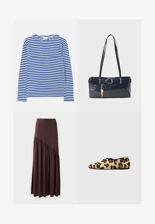 Langärmliges Hemd mit blauen und weißen horizontalen Streifen, Rundhalsausschnitt und "CLOSED"-Label am Kragen, flach auf weißem Hintergrund ausgelegt.; Brauner Maxirock aus weichem Stoff. Verfügt über einen enganliegenden Taillenbund und ein asymmetrisches Design mit gerafften Details auf einer Seite.; Flache Schuhe im Leopardenmuster aus weichem Fell, mit einer spitzen Zehenform und einem niedrigen Profil. Natürliche Töne mit schwarzen Akzenten.; Marineblaue Lederhandtasche mit zwei langen Griffen, einer Schnallen-Detailierung und einem daran befestigten Schlüsselanhänger. Besitzt eine glatte Textur und eine rechteckige Form.