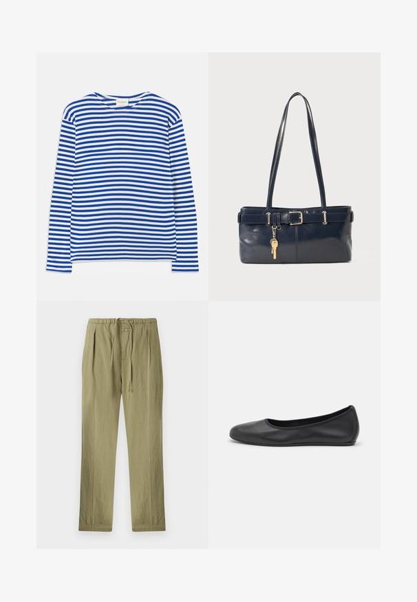 Koszula z długim rękawem w poziome niebieskie i białe paski, z okrągłym dekoltem i metką "CLOSED" przy kołnierzu, położona na białym tle.; Jasnooliwkowe spodnie z bawełny, z elastycznym pasem na sznurku, fałdami i prostym krojem nogawki. Miękka tekstura z minimalnymi akcentami.; Czarne skórzane baletki z zaokrąglonym noskiem, gładką fakturą, minimalnymi przeszyciami i elastycznym designem podeszwy.; Granatowa skórzana torebka z dwoma długimi uchwytami, detalem w postaci klamry oraz dołączonym breloczkiem. Charakteryzuje się gładką teksturą i prostokątnym kształtem.