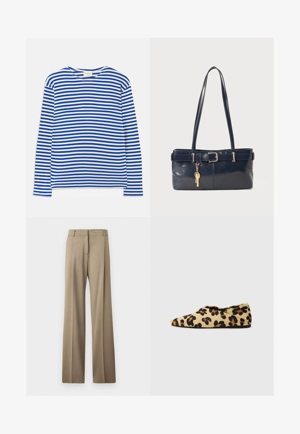 Langsleeve shirt met blauwe en witte horizontale strepen, ronde hals en 'CLOSED' label bij de kraag, plat neergelegd op een witte achtergrond.; Wijduitlopende broek van lichtbruin stof. Kenmerkend door een gladde textuur, keurig gestreken plooien en een platte tailleband.; Luipaardprint platte schoenen van zacht bont, met een puntige neus en een lage profiel. Natuurlijke tinten met zwarte accenten.; Marine leren handtas met twee lange hengsels, een gespdetail en een sleutelhanger eraan bevestigd. Heeft een gladde textuur en een rechthoekige vorm.
